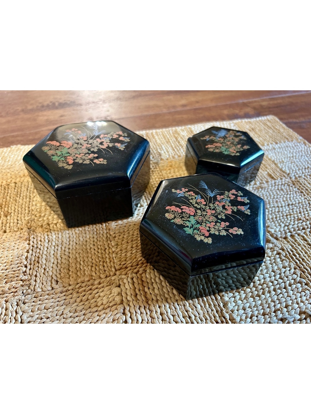 Set of 3 Vintage Hexagonal Black Floral Decorative Boxes